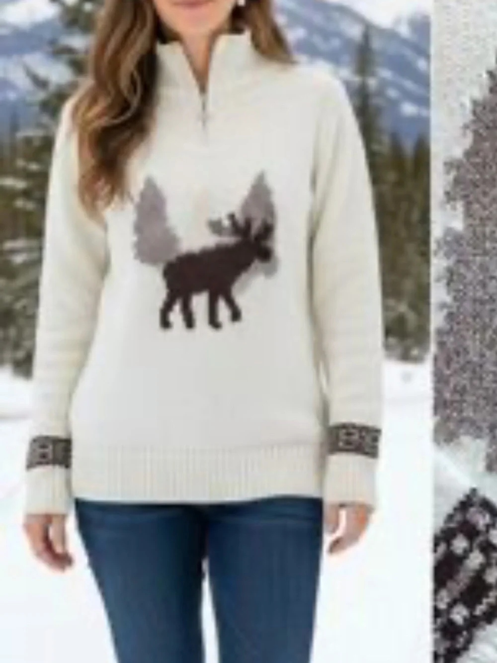 CJ Banks Cream Pullover with Brown Moose and Tree Accents - Picture 4 of 6